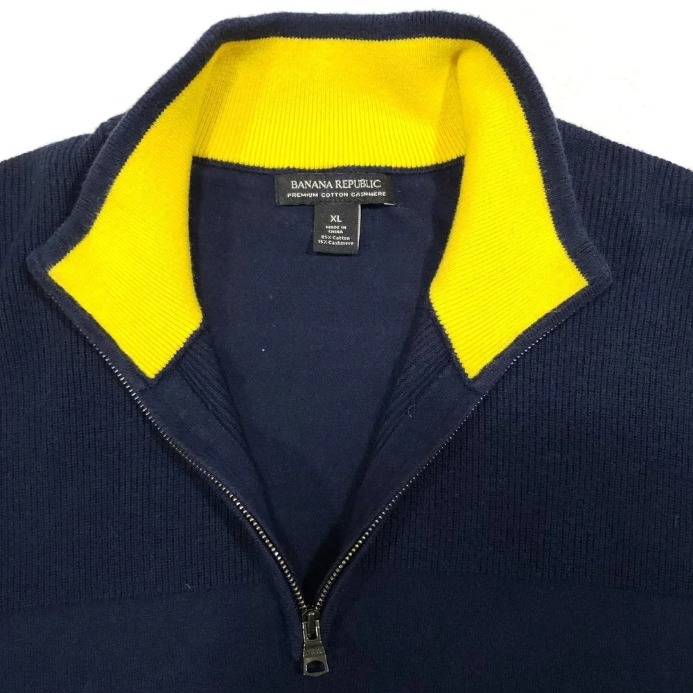 Banana Republic Sweater Mens XL Navy Blue Cotton Cashmere Quarter Zip Pullover